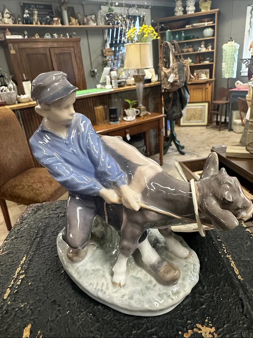 Royal Copenhagen Porcelain Boy and Ox in Blue and Gray